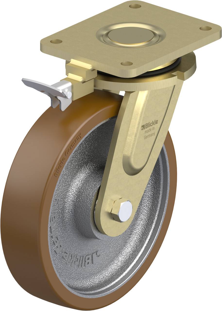 Schwenkrolle aus Metall mit braunem PU-Rad, rechteckiger Montageplatte und Bremse oben, ideal für schwere Lasten.