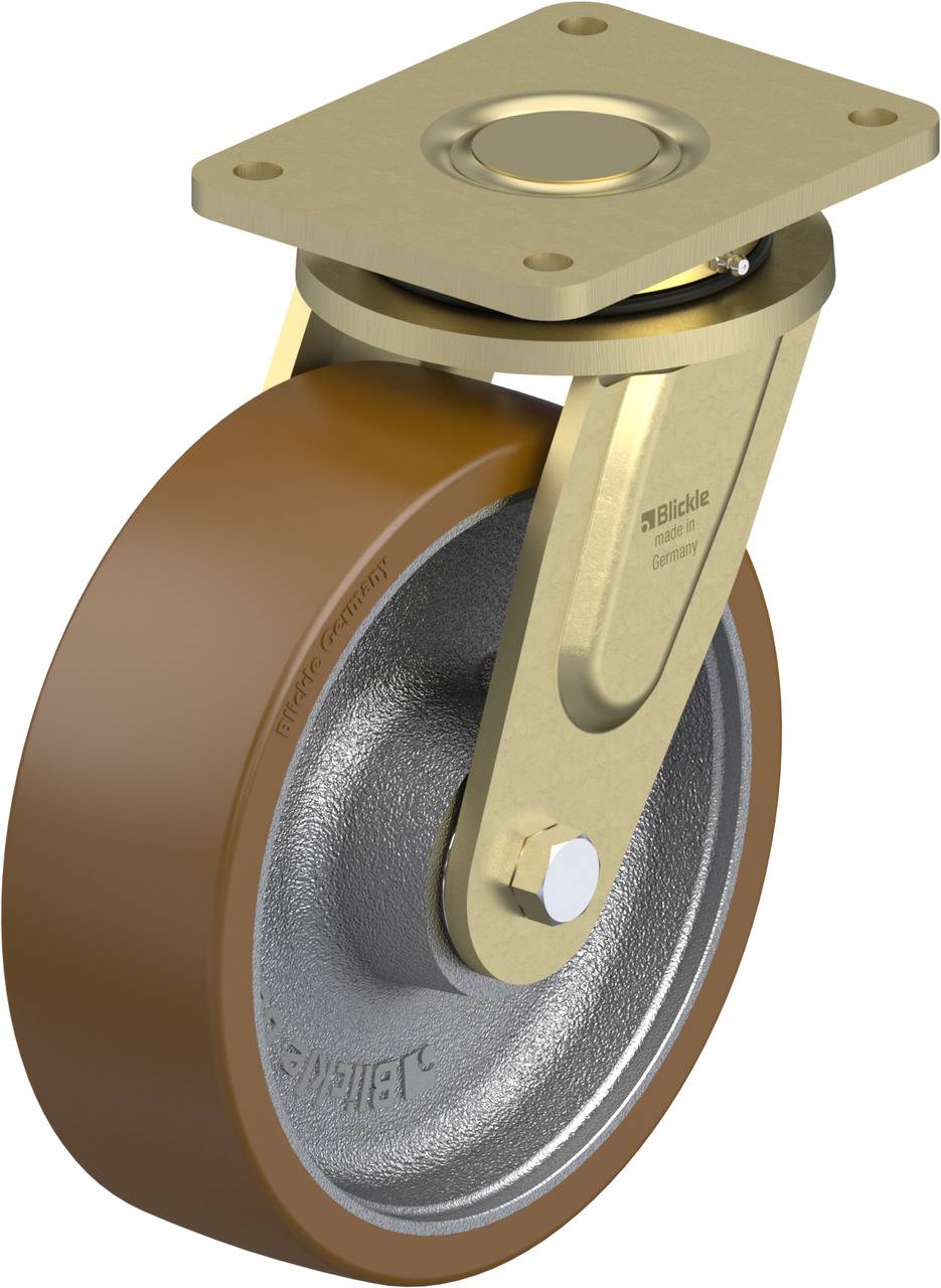Schwenkrolle mit braunem Rad und goldfarbener Halterung, geeignet für Lastentransport, robuste Bauweise für industrielle Anwendungen.