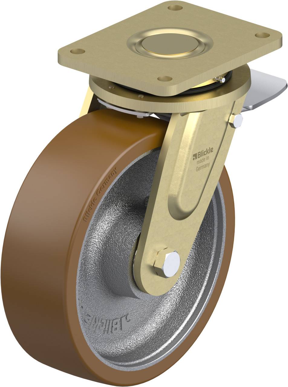 Industrielle Lenkrolle mit braunem Rad und Metallgehäuse, verwendet für den Transport schwerer Lasten auf Wagen oder Maschinen.