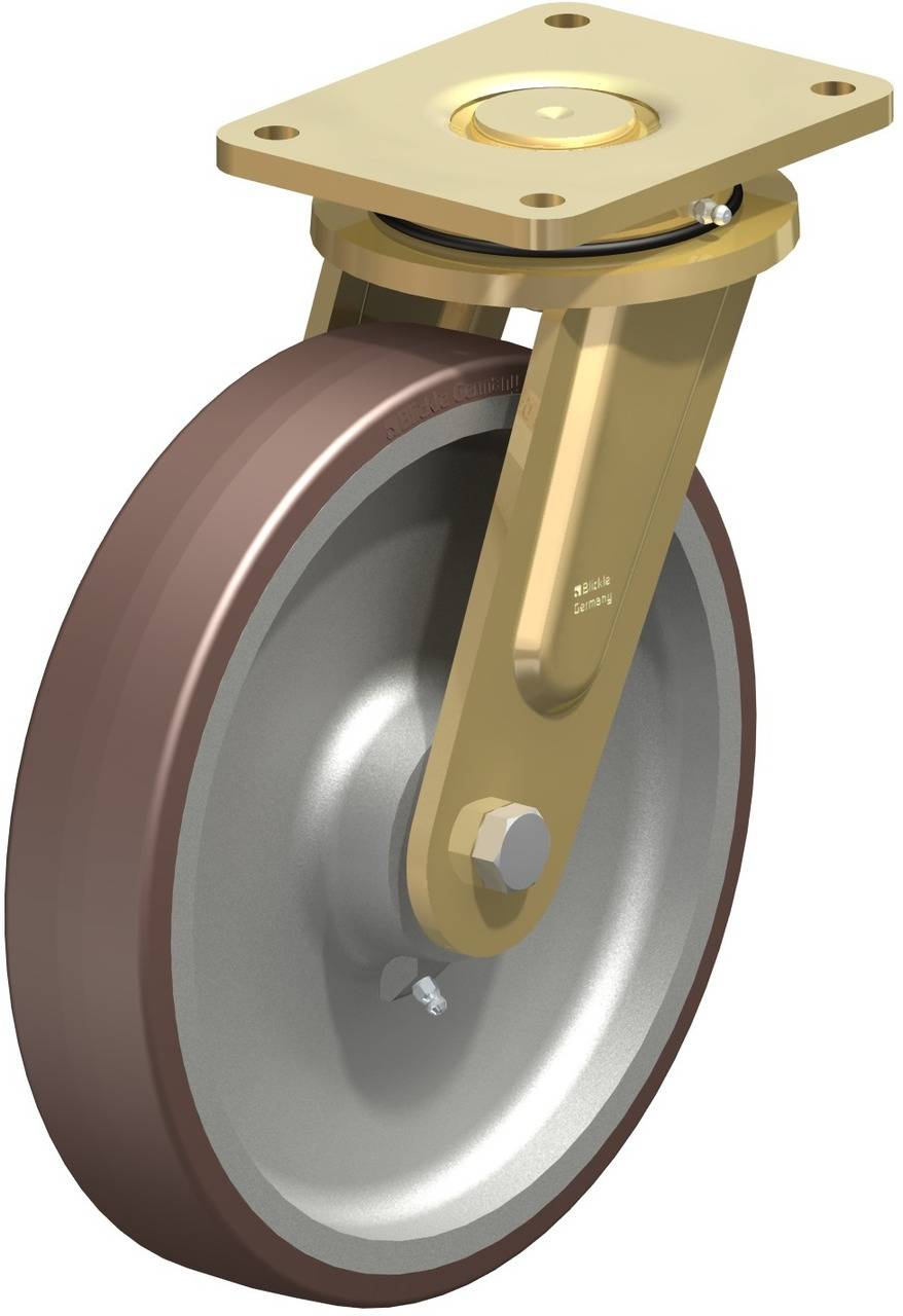 Industrie-Bockrolle mit braunem Rad und metallischer Halterung. Geeignet für schwere Lasten in industriellen Anwendungen.