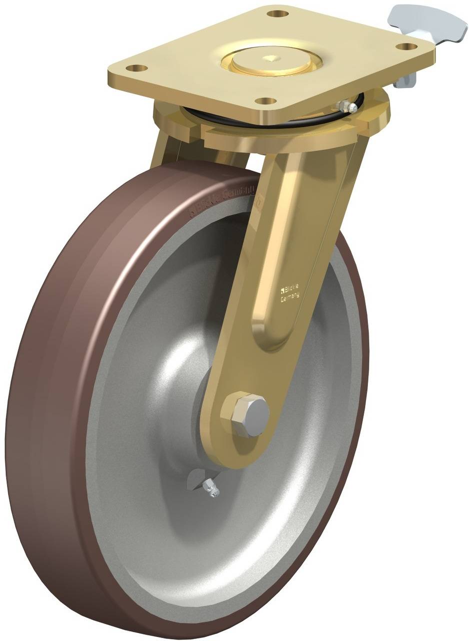 Das Bild zeigt ein schwerlastiges, drehbares Lenkrollenrad mit einer goldenen Halterung und einer braunen Gummibereifung.