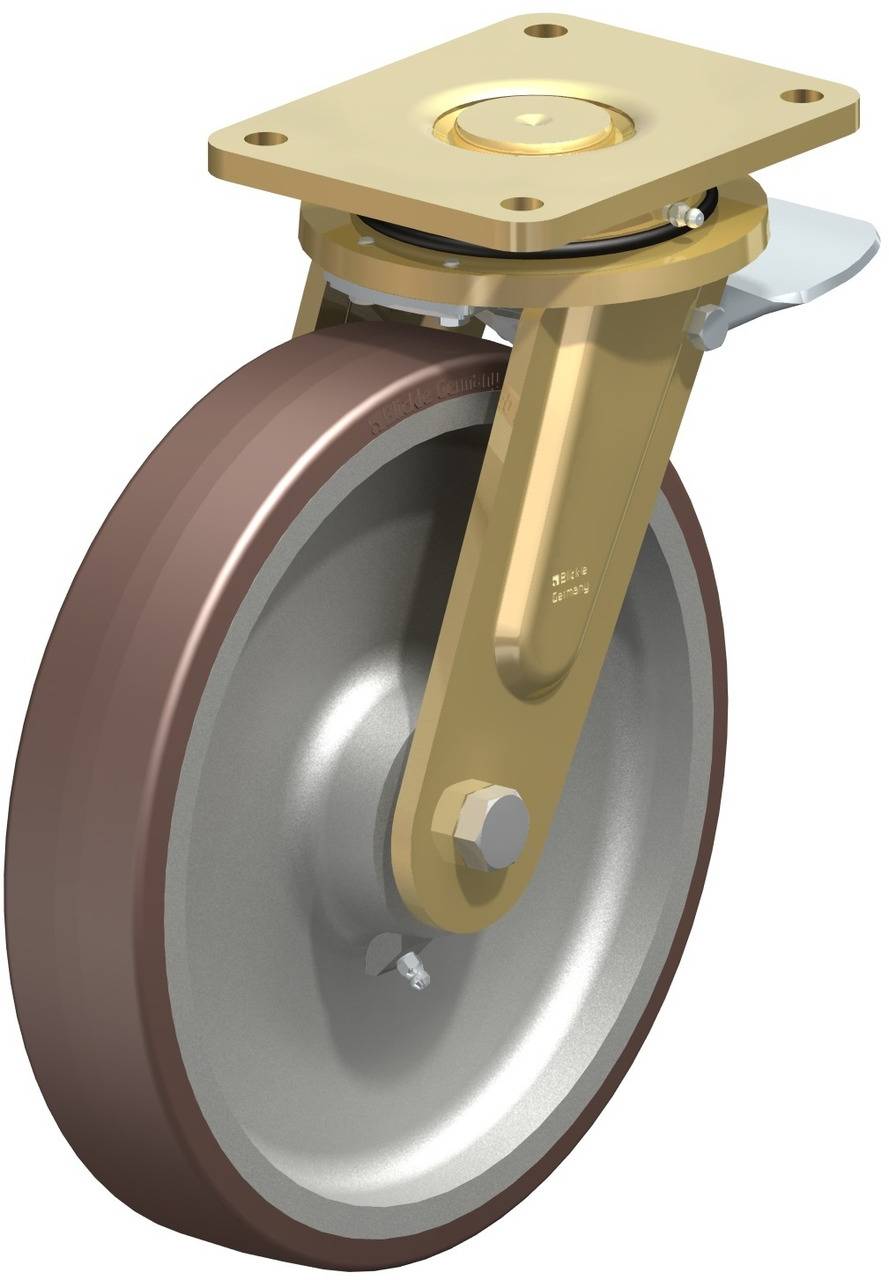 Industrie-Schwenkrolle mit braunem Rad und goldener Halterung, geeignet für schwere Lasten.