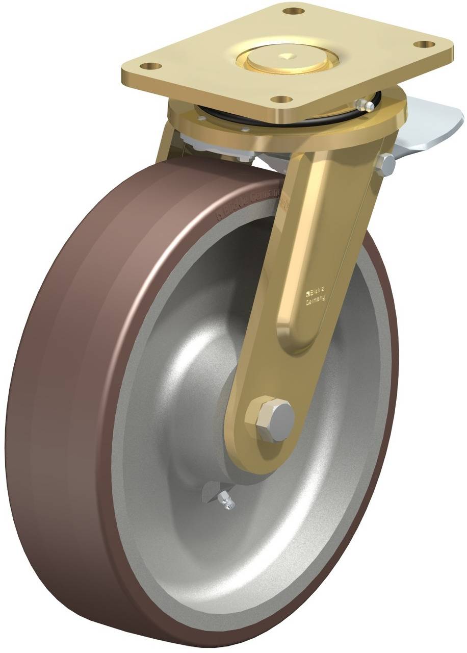 Industrie-Schwerlastrolle aus Metall mit braunem Rad, geeignet für den Einsatz an Maschinen oder beweglichen Plattformen.