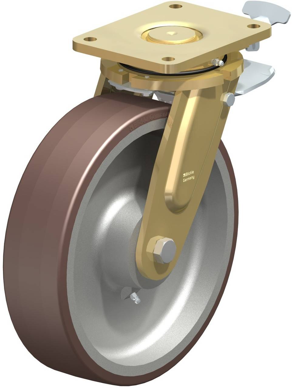 Ein drehbares Rad aus Metall und Gummi mit goldfarbenem Gehäuse und Bremsmechanismus, geeignet für schwere Lasten und Mobilität.