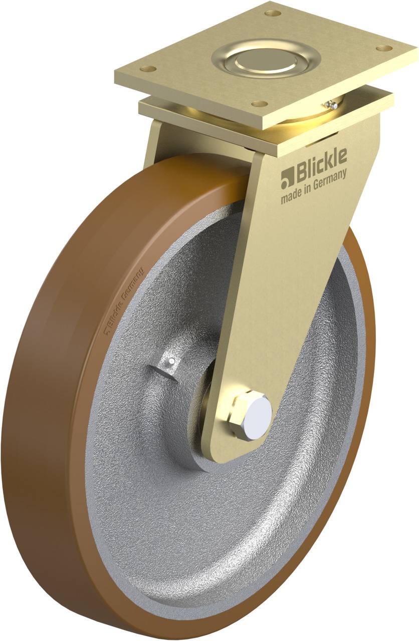 Lenkrolle mit braunem Reifen und metallischer Halterung, mit Aufschrift 'Blickle made in Germany'.