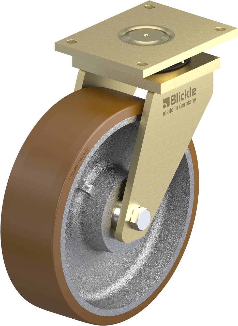 Industrie-Lenkrolle aus Metall mit braunem Gummirad und Befestigungsplatte. Aufschrift: Blickle, made in Germany.