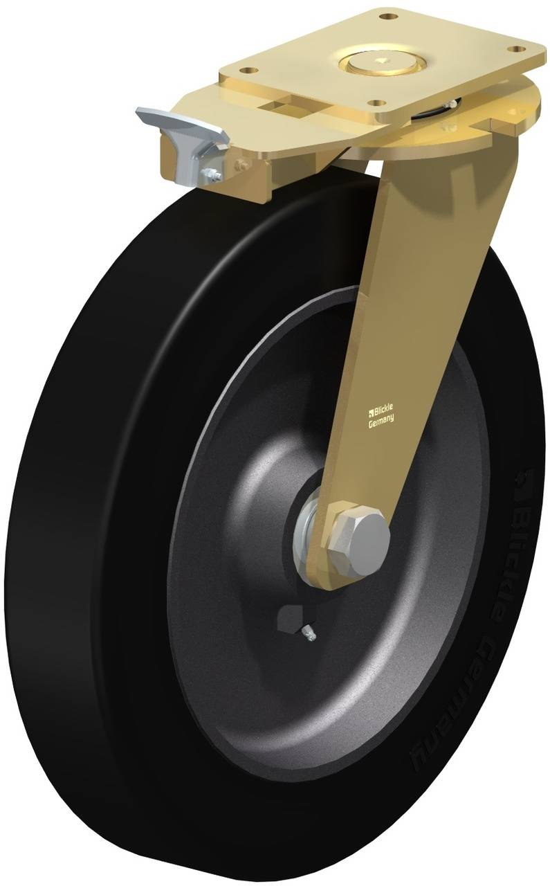 Ein robustes, schwarzes Rad mit goldener Halterung, geeignet für schwere Lasten. Oberseite mit drehbarer Befestigungsplatte.
