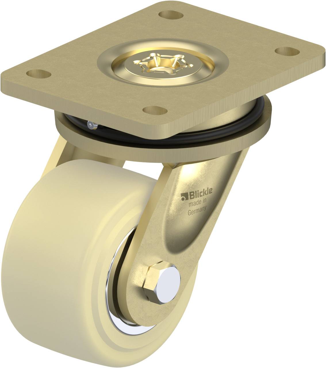 Ein goldfarbenes Rollenrad mit rechteckiger Montageplatte, geeignet für Möbel und Transportgeräte. Hergestellt in Deutschland.