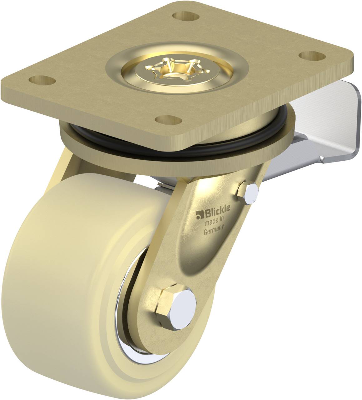 Ein schwenkbares Laufrollenrad mit goldener Halterung und weißem Rad. Oben eine Befestigungsplatte mit vier Schraublöchern.