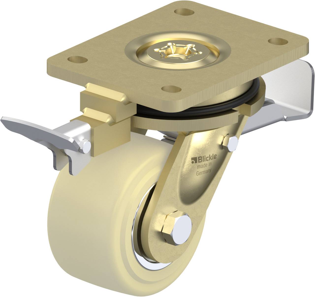 Das Bild zeigt eine goldene Lenkrolle mit Befestigungsplatte und Bremsmechanismus, geeignet für den Einsatz in industriellen Anwendungen.