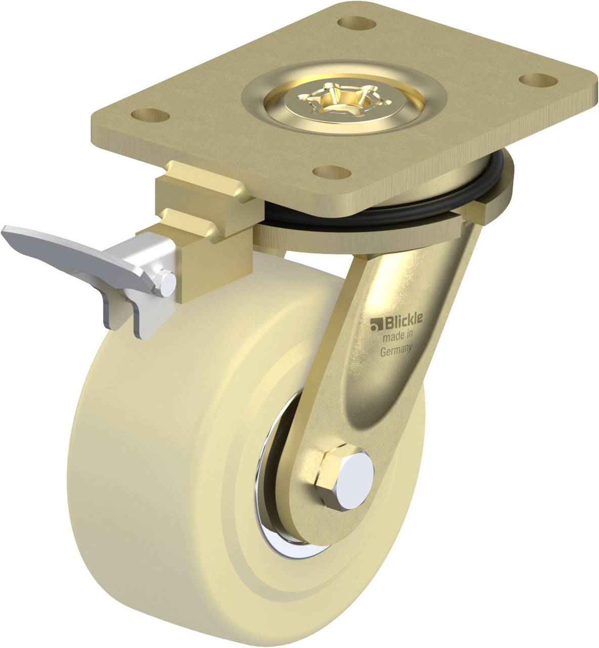 Vergoldetes Lenkrolle mit Bremse und Platte zur Befestigung. Hergestellt in Deutschland, geeignet für Möbel oder Industrieanwendungen.
