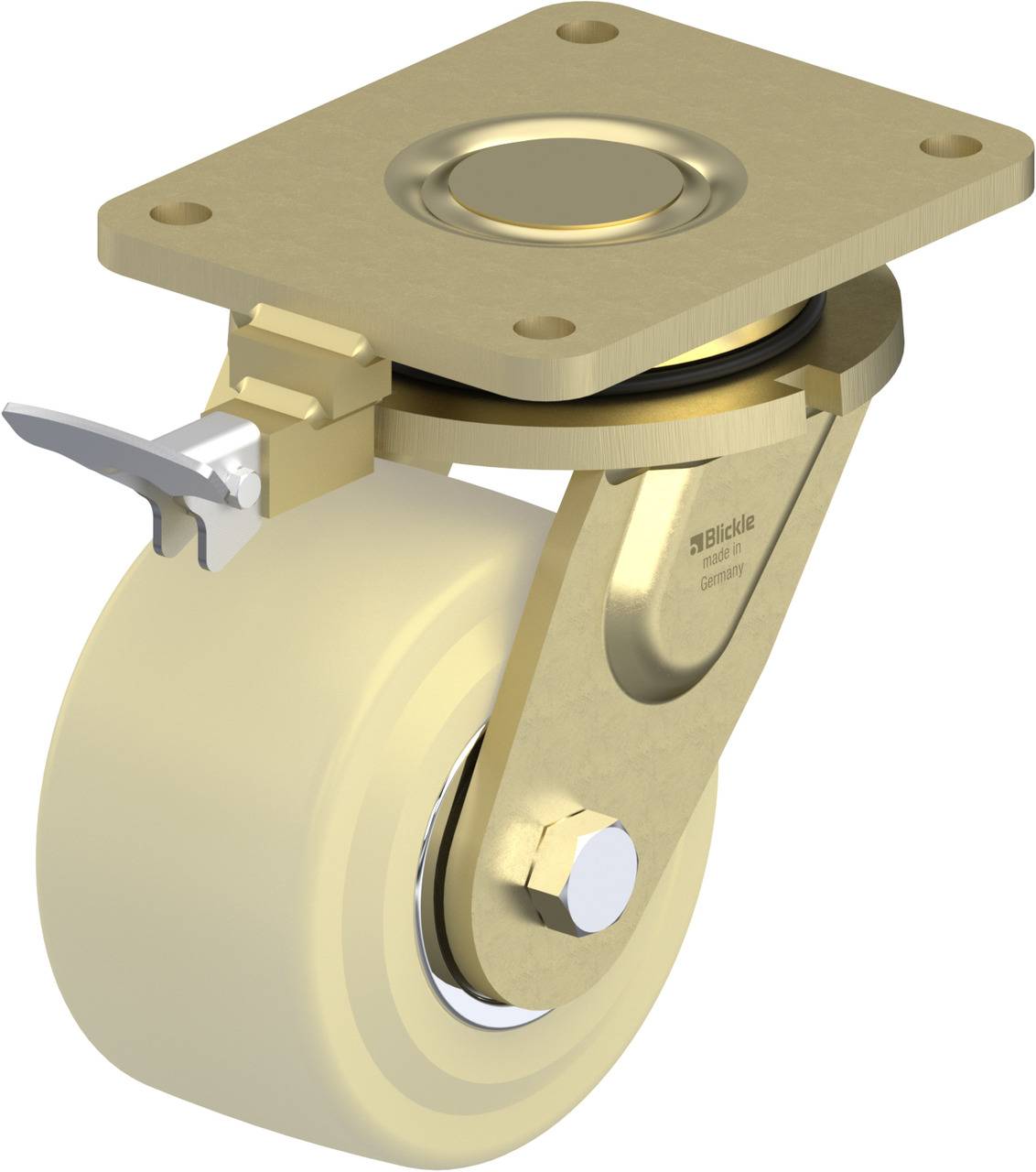 Schwenkrolle aus Metall mit beige-gelbem Rad, seitlichem Hebel zur Arretierung. Geeignet für Möbel oder Geräte.