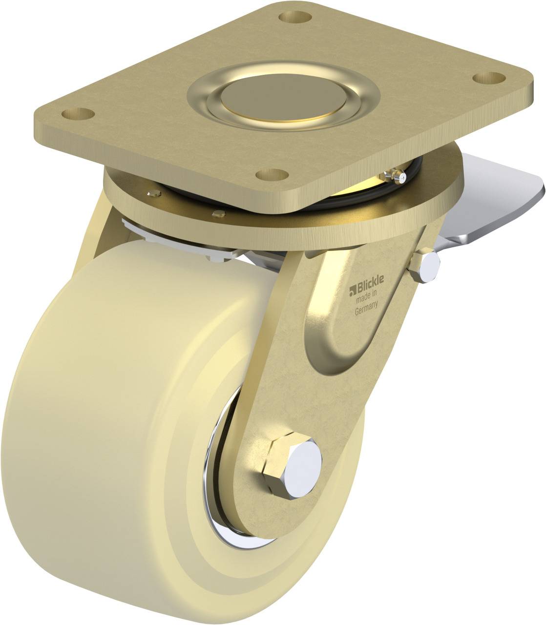 Schwenkrolle mit Befestigungsplatte und Feststellbremse, beige Rad aus Kunststoff, metallische Halterung, geeignet für Möbeltransport.