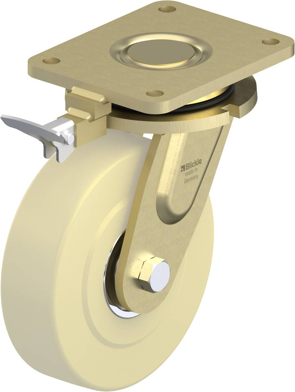 Ein goldfarbenes Lenkrolle mit Bremse und rechteckiger Platte, geeignet für den Einbau in Möbel oder Geräte mit geringem Gewicht.