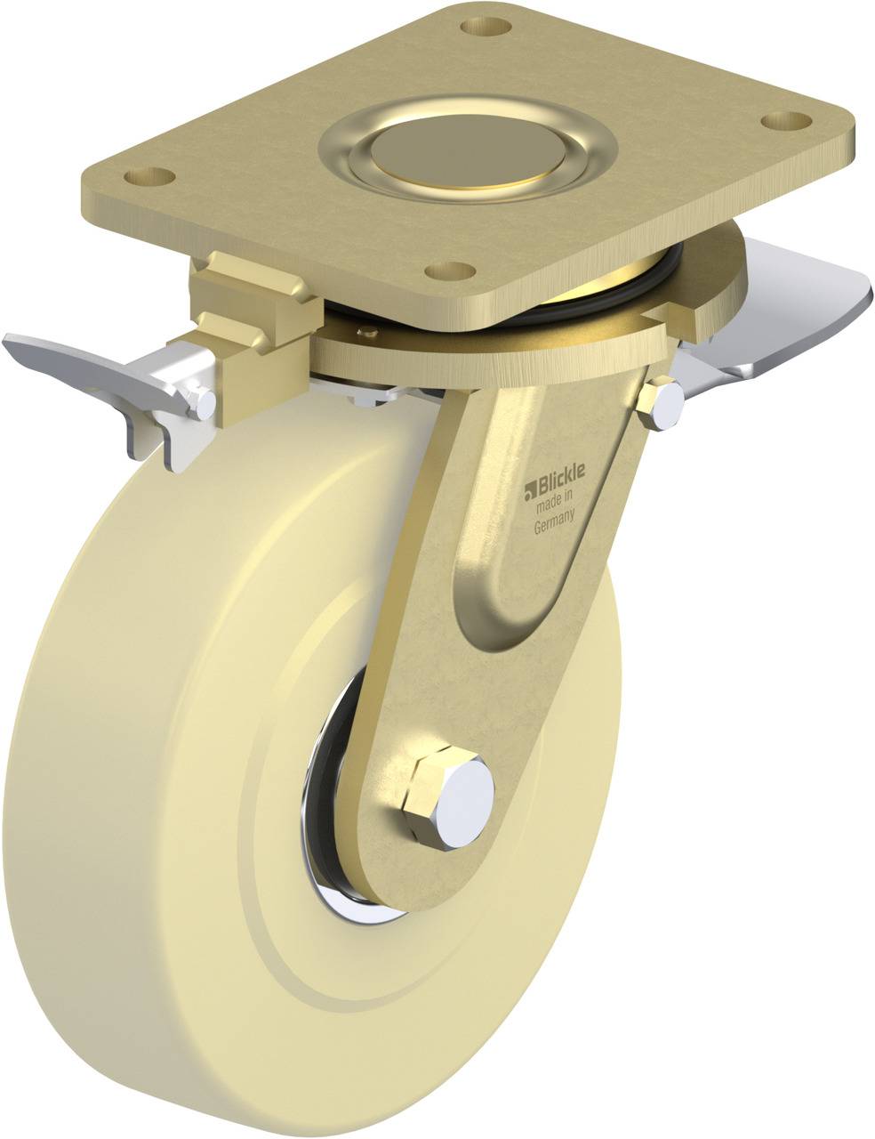 Ein cremefarbenes Lenkrolle mit Bremse und einer Metallplatte zur Befestigung an Geräten oder Möbeln.
