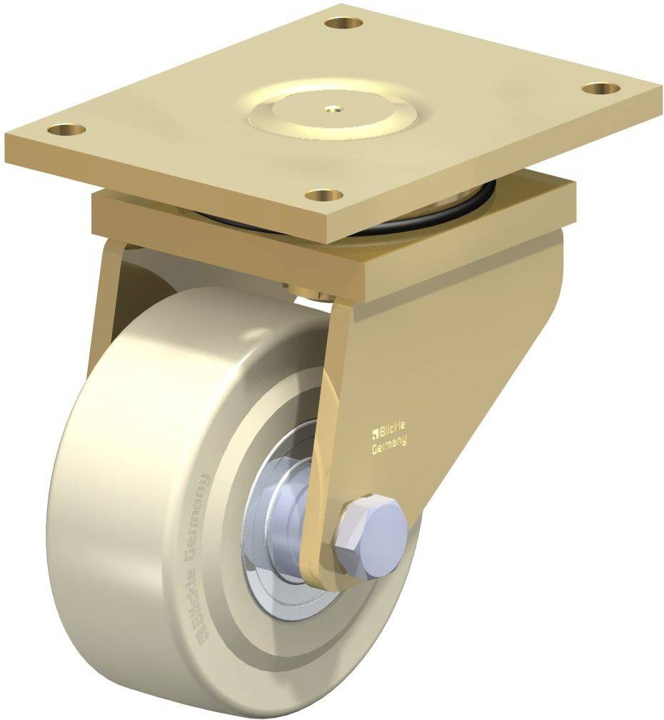 Ein schwenkbares Rad mit Trägerplatte und Befestigungslöchern. Geeignet für Möbel oder Geräte, um Mobilität zu ermöglichen.