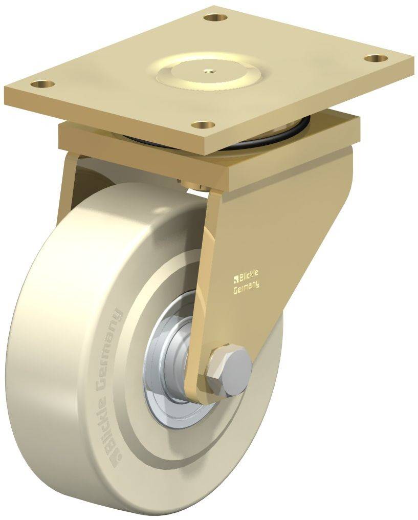 Ein cremefarbenes Rad mit quadratischer Montageplatte, geeignet für den Einsatz in Industriemaschinen oder Möbeln zur leichten Bewegung.