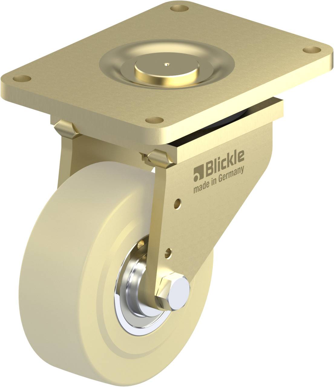 Ein goldfarbenes Schwenkrollenvbett mit cremefarbenem Rad, Aufschrift 'Blickle made in Germany'.