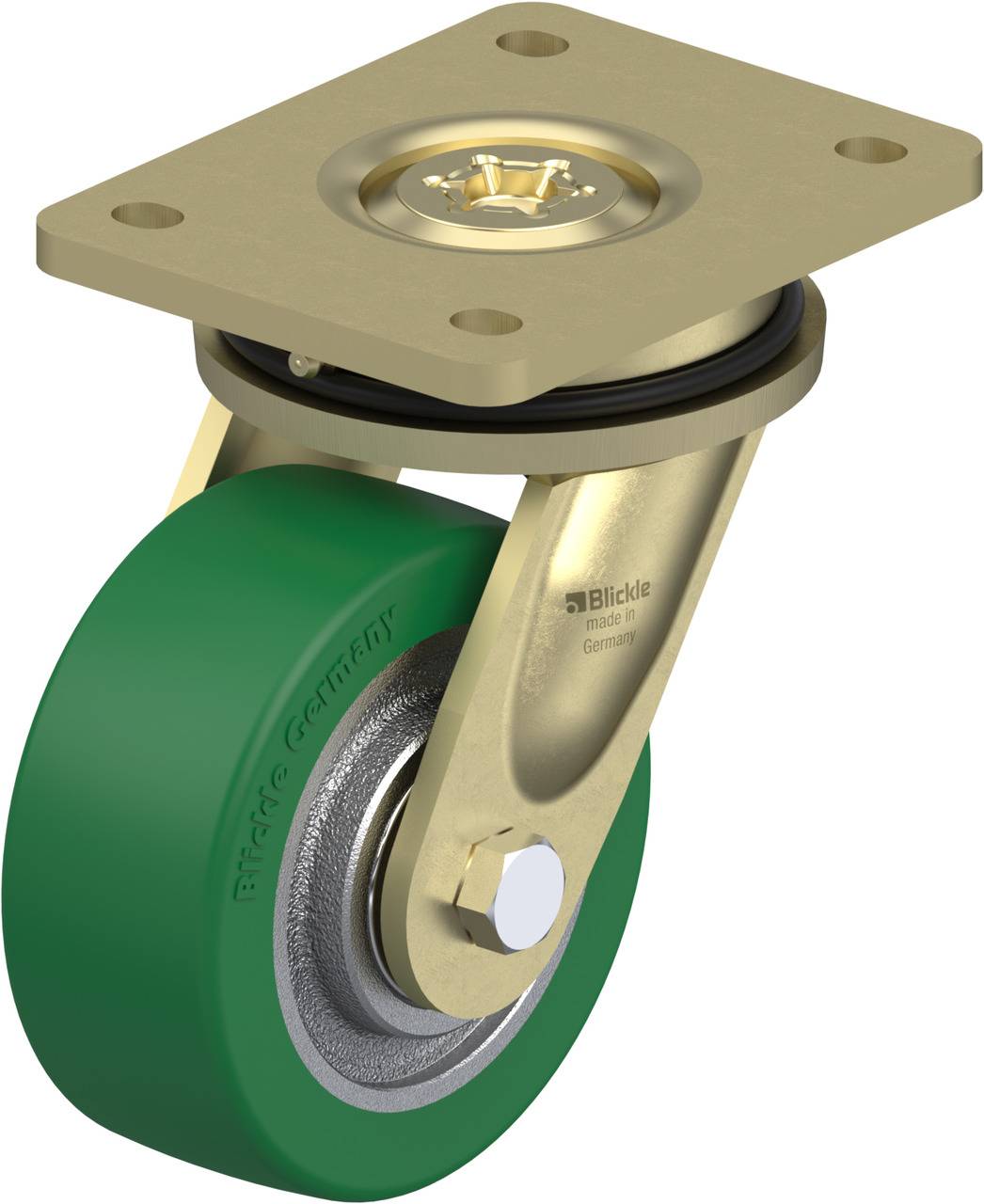 Eine grüne Lenkrolle mit Metallrahmen und Montageplatte, geeignet für den Einsatz an Transportgeräten oder Möbeln.