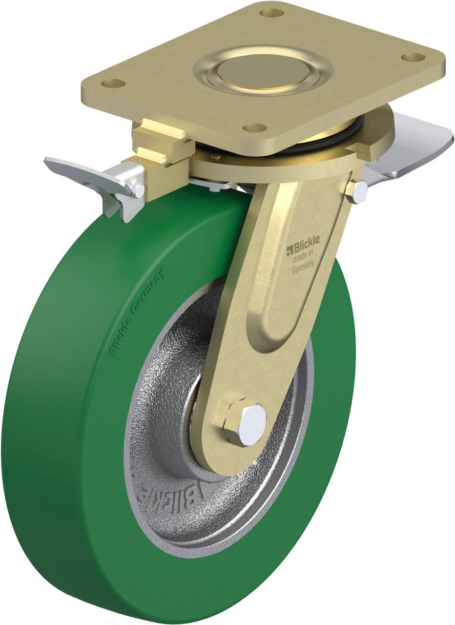 Ein grünes Schwerlast-Lenkrollenrad mit einer goldenen Metallhalterung für industrielle Anwendungen.