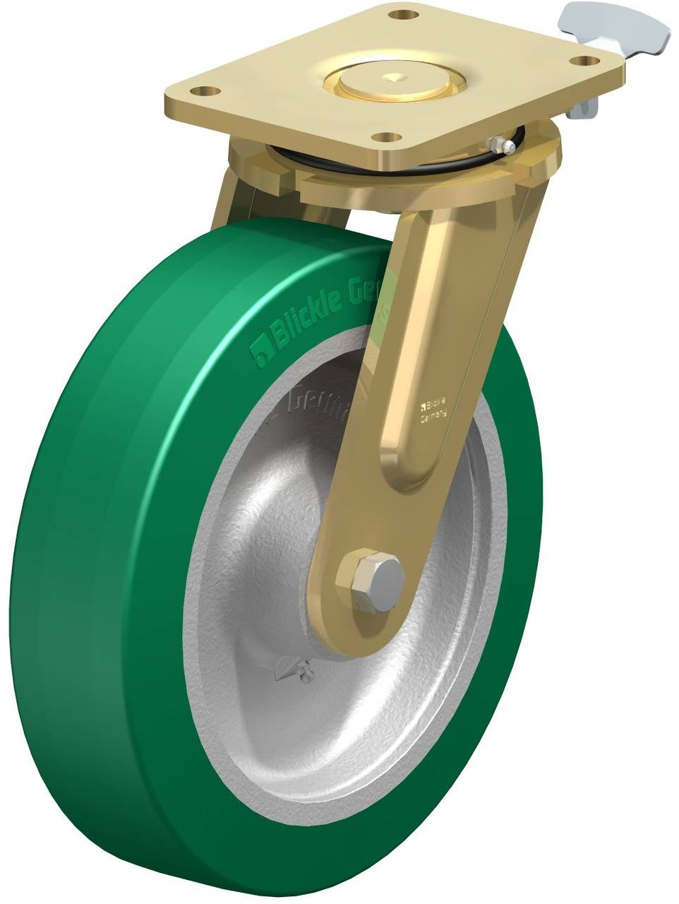 Lenkrolle mit grünem Rad und goldener Halterung, geeignet für schwere Lasten. Draufsicht zeigt Befestigungsplatten und Bremse.