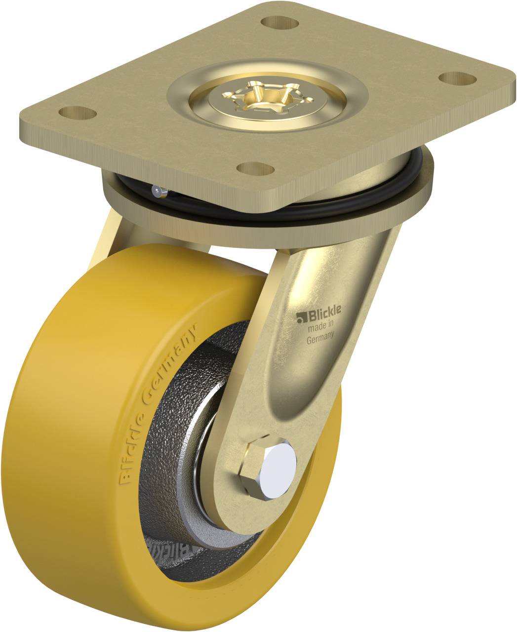 Ein drehbares Rad mit gelber Lauffläche, montiert an einer rechteckigen Metallplatte. Geeignet für Möbel oder Transportwagen.