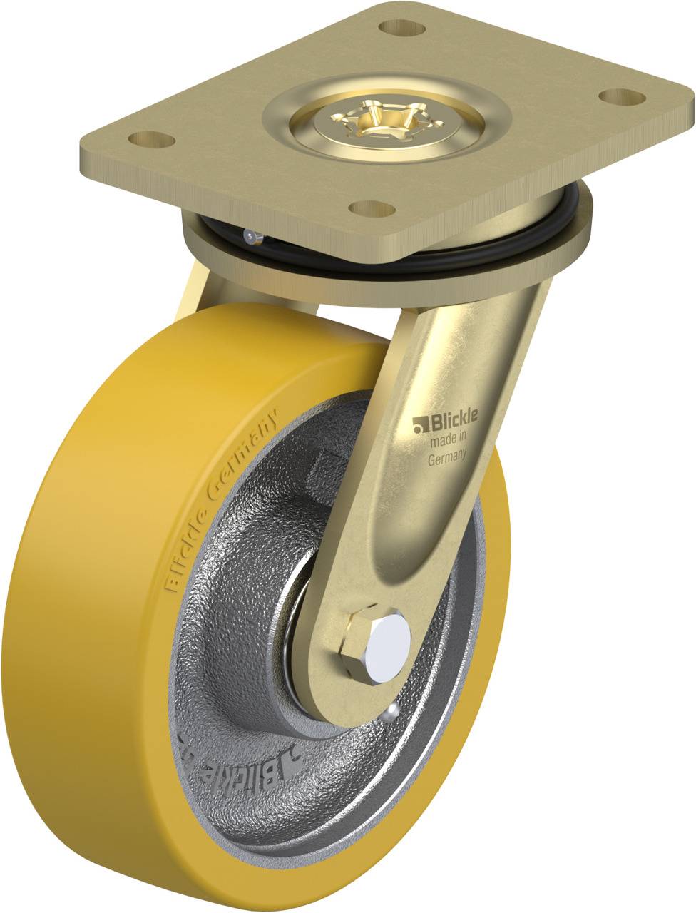Gelbes Schwerlast-Lenkrolle mit Metallplatte zur Befestigung, von Blickle. Geeignet für industrielle Anwendungen und schwere Lasten.