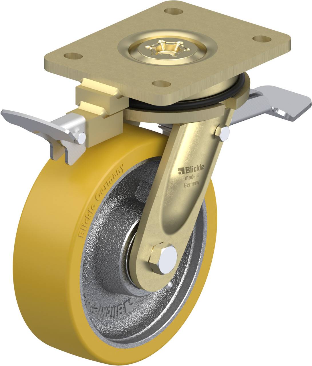 Schwenkrolle aus Metall mit gelbem Rad, Feststellbremse und Montageplatte, geeignet für schwere Lasten.