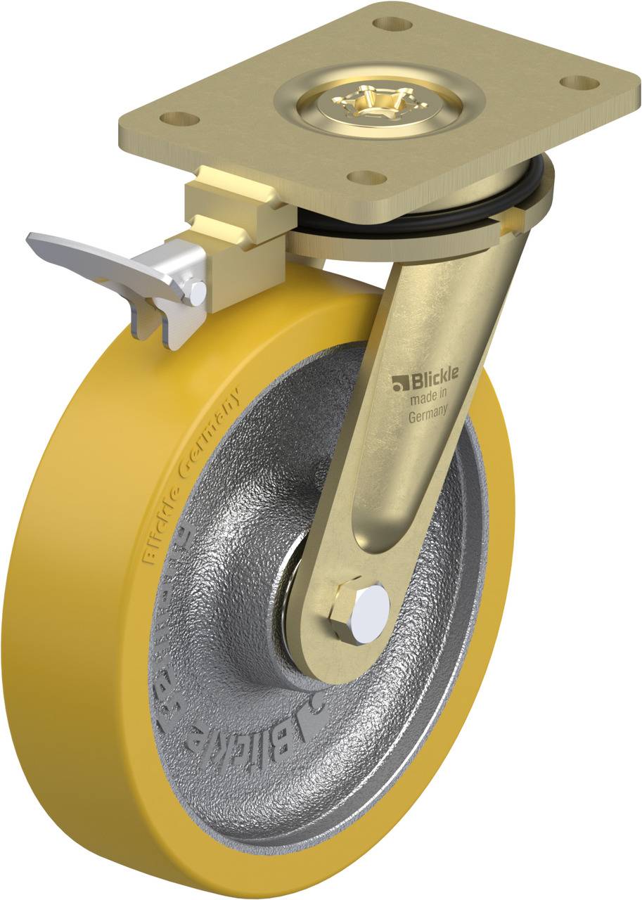 Ein einzelnes, schwenkbares Laufrad mit gelbem Rad und metallischem Gehäuse. Geeignet für Industriemaschinen zur einfachen Bewegung.