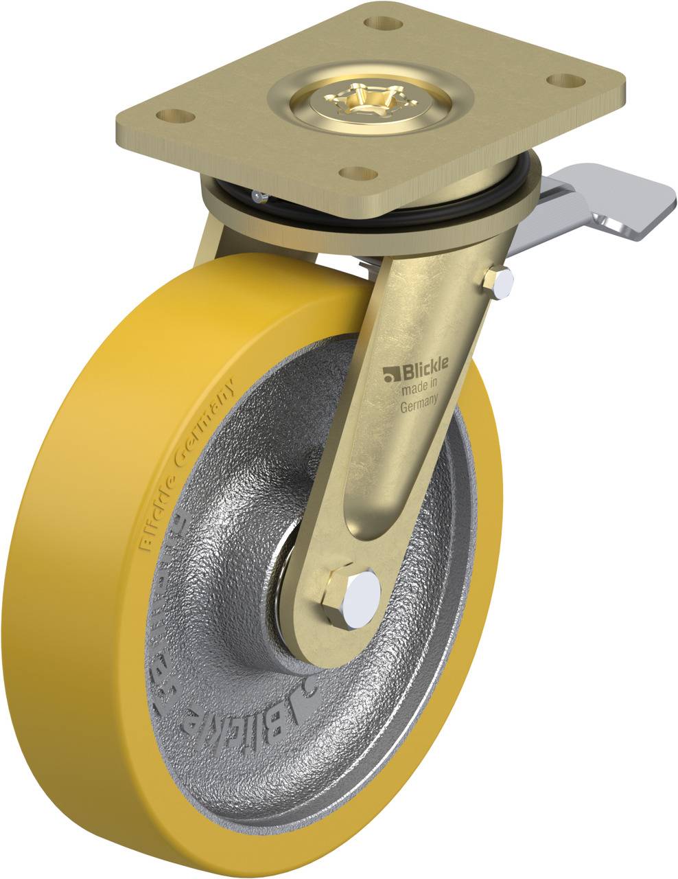 Rolle mit gelbem Rad und Metallhalterung, geeignet für Möbel oder Transportgeräte. Enthält eine Lenkplatte für einfache Beweglichkeit.