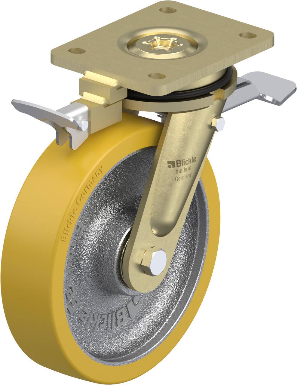 Gelbes Schwerlast-Lenkrolle mit Metallscheibe, Drehgelenk und Befestigungsplatte, geeignet für industrielle Anwendungen.