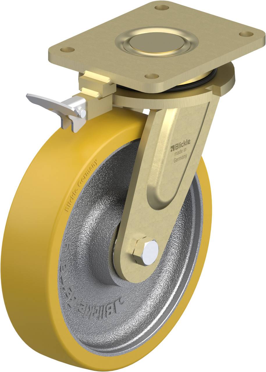 Schwerlastrolle aus Metall mit gelbem Rad, geeignet für industrielle Anwendungen. Drehbares Gehäuse mit Feststellbremse oben.