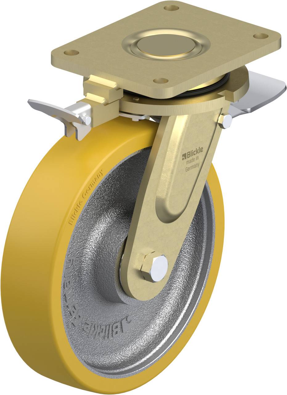 Schwenkrolle mit gelbem Rad, goldener Halterung und Bremse. Ideal für den industriellen Einsatz in Transportwagen.