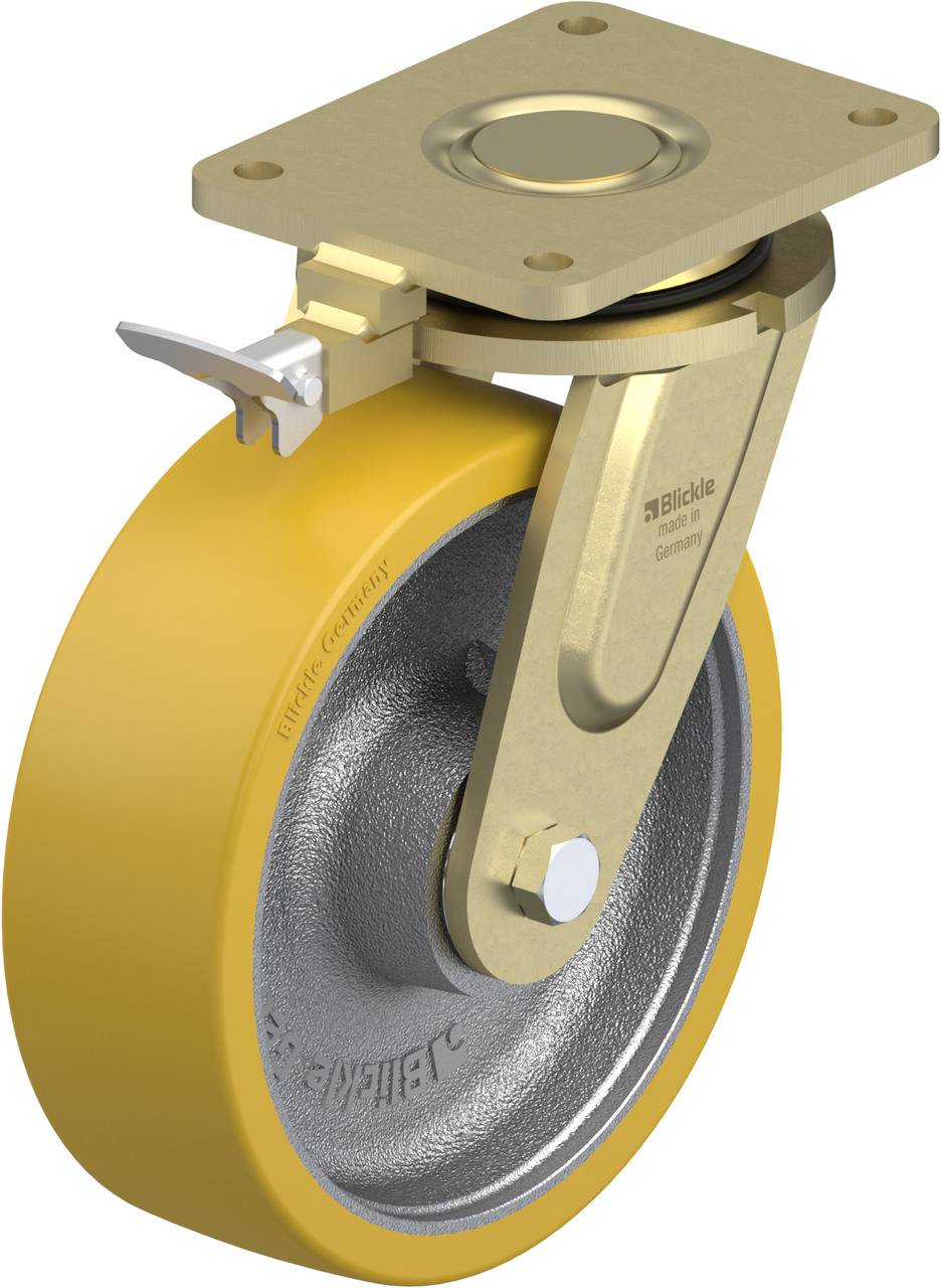 Industrielles Schwenkrollenrad aus Metall und Gummi, geeignet für schwere Lasten. Enthält eine Befestigungsplatte und eine Bremsvorrichtung.