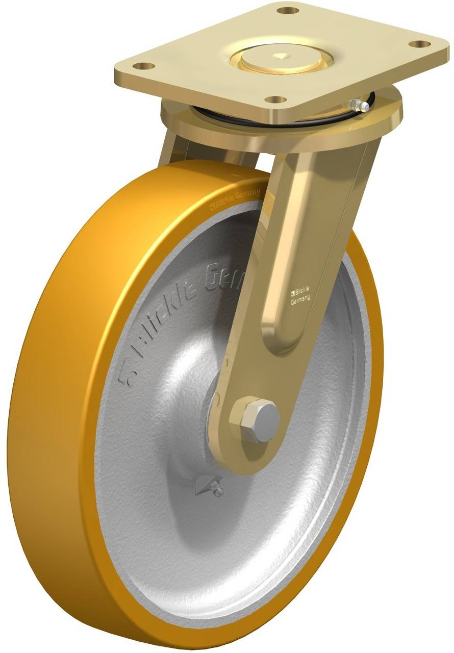 Industrie-Drehrad mit gelbem Reifen und silbernem Rad, montiert auf goldenem Gehäuse. Verwendung für schwere Lasten in Fabriken.