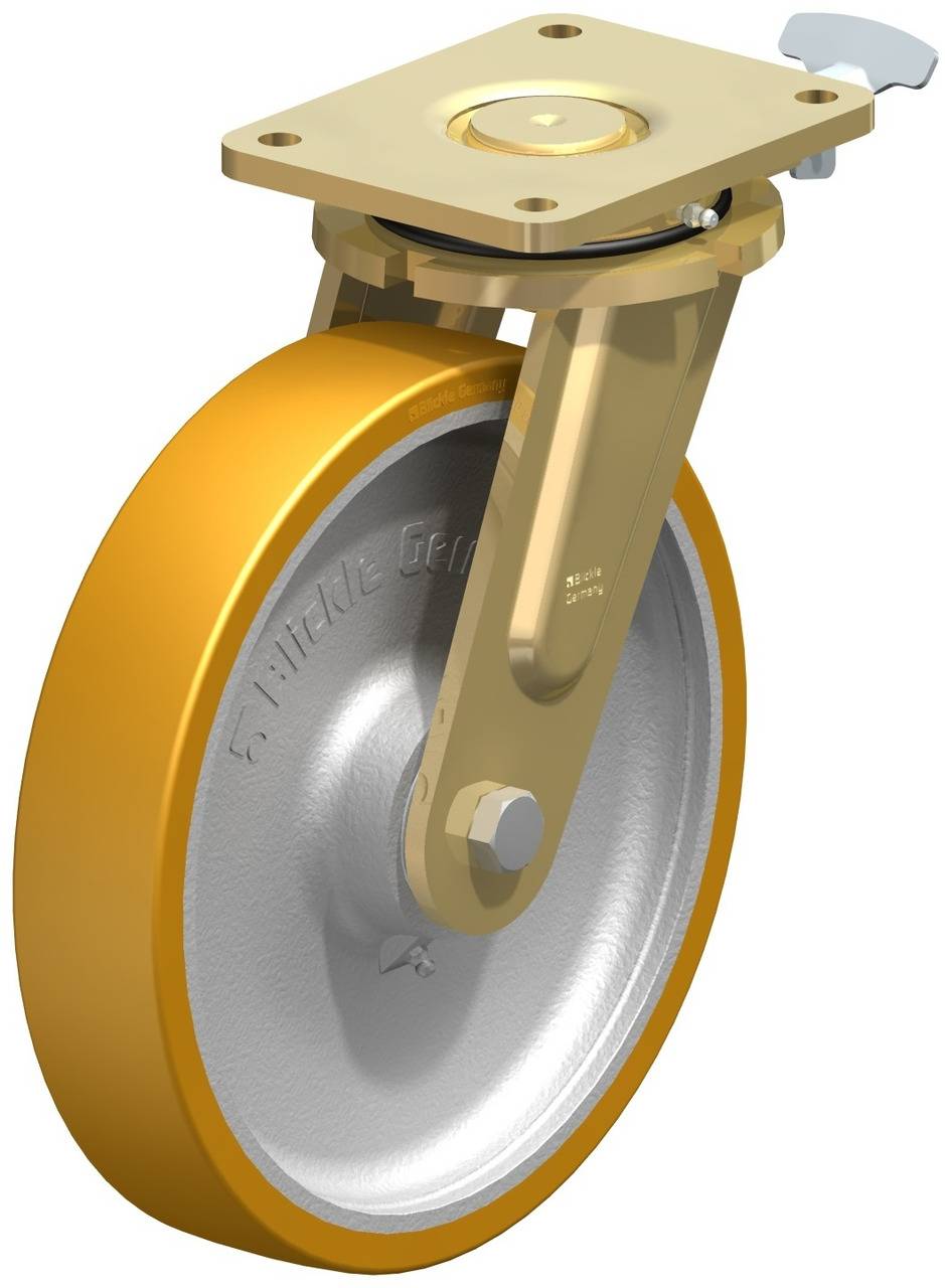 Industrielle Lenkrolle mit gelbem Rad und goldfarbenem Gehäuse, montierbar durch eine quadratische Metallplatte mit Schraublöchern.