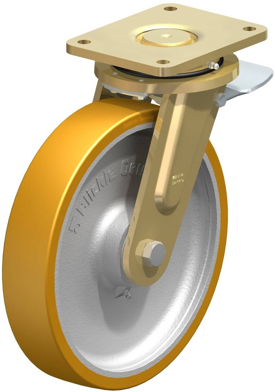 Ein goldenes Schwenkrad mit Bremse. Es hat eine robuste Metallkonstruktion, geeignet für industrielle Anwendungen.