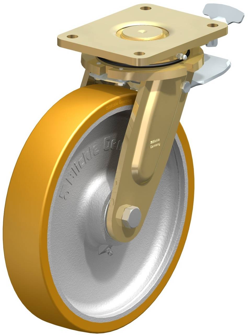 Ein robustes, schwenkbares Industrielenkrollenrad aus Metall mit einem gelben Gummibezug, geeignet für schwere Lasten und Maschinen.