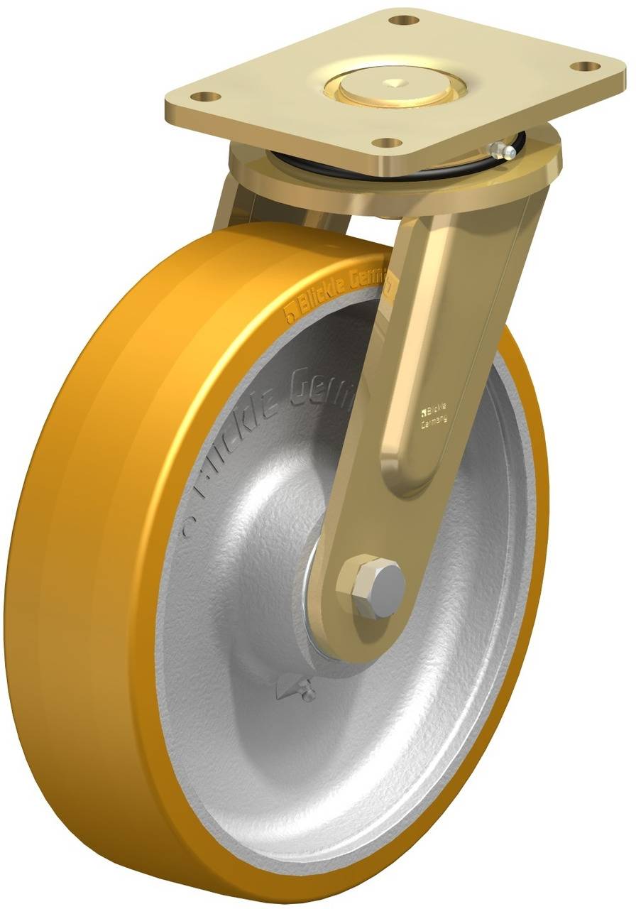 Industrielle Lenkrolle aus Metall mit gelbem Polyurethanrad, montierbar an Maschinen oder Möbeln für Beweglichkeit.