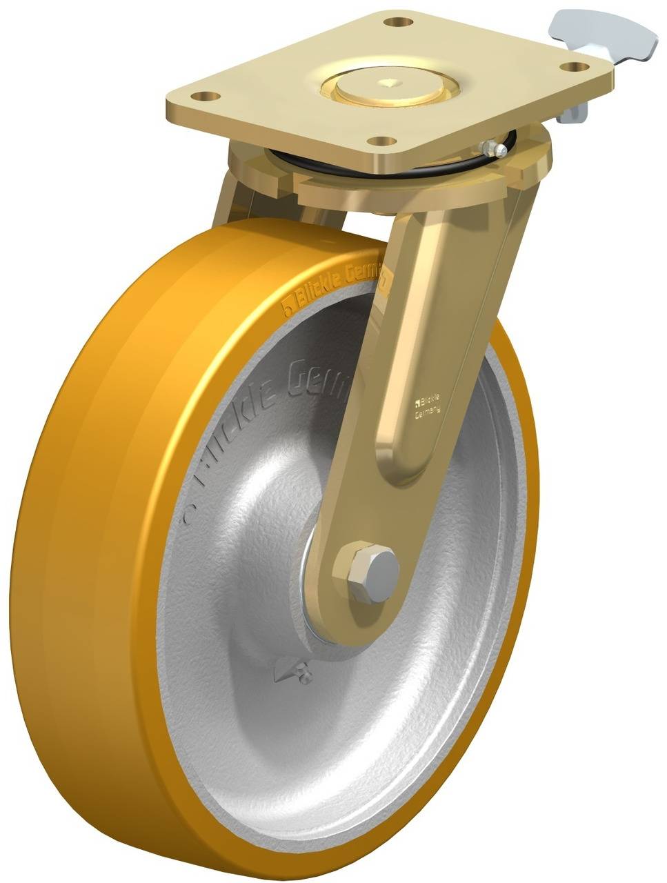 Gelbes Schwenkrad mit rechteckiger Metallhalterung, geeignet für industrielle Anwendungen.