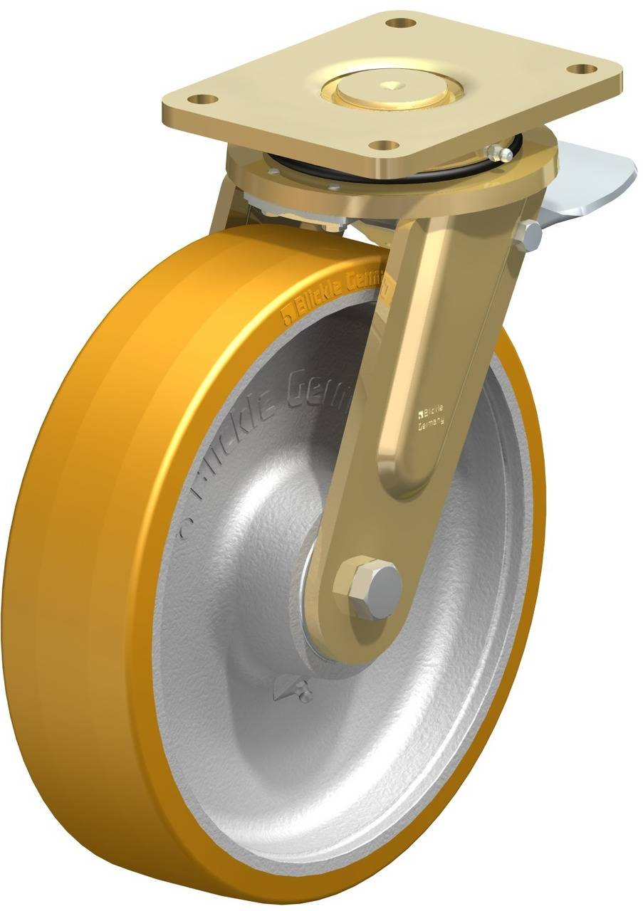 Industrie-Rollenrad mit gelbem Gummi ummantelt, stabile Metallhalterung und Befestigungsplatte. Geeignet für schwere Lasten.