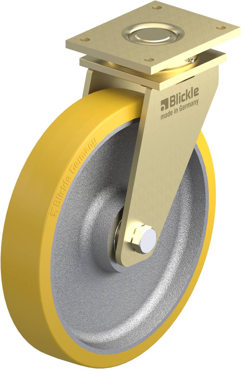 Ein Industrie-Lenkrolle mit gelbem Rad und einer goldenen Halterung. Aufschrift 'Blickle made in Germany', robustes Design.