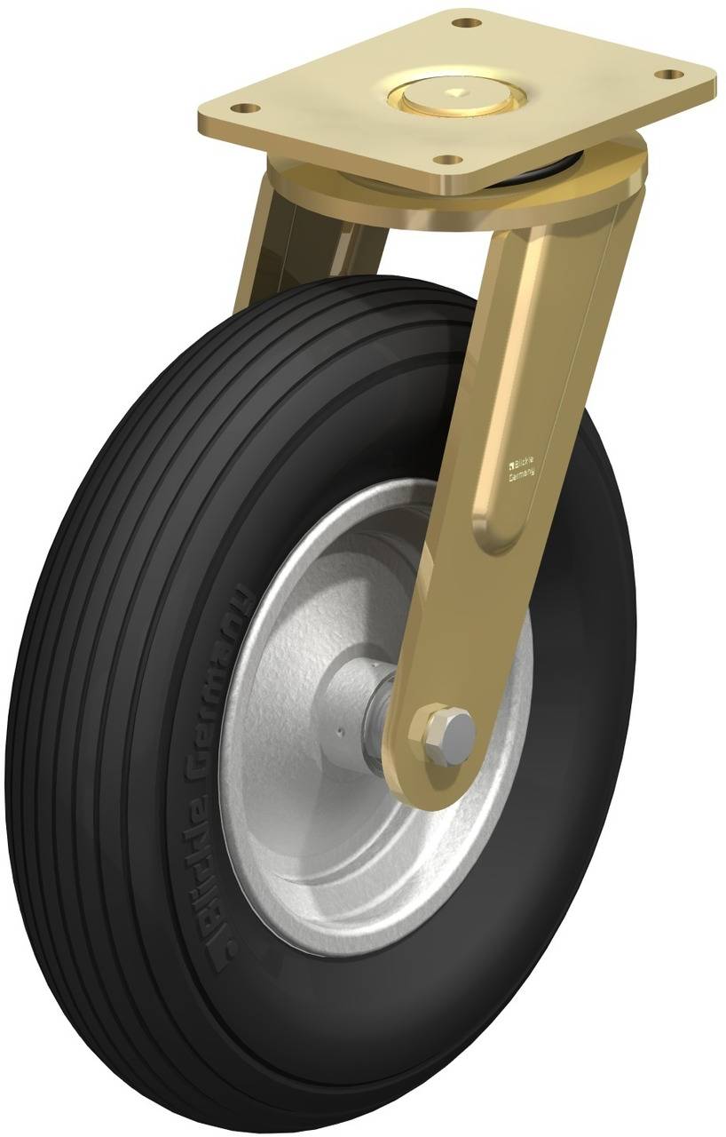 Schwenkbares Transportrad aus Metall mit schwarzem Gummireifen, geeignet für Schwerlastanwendungen.