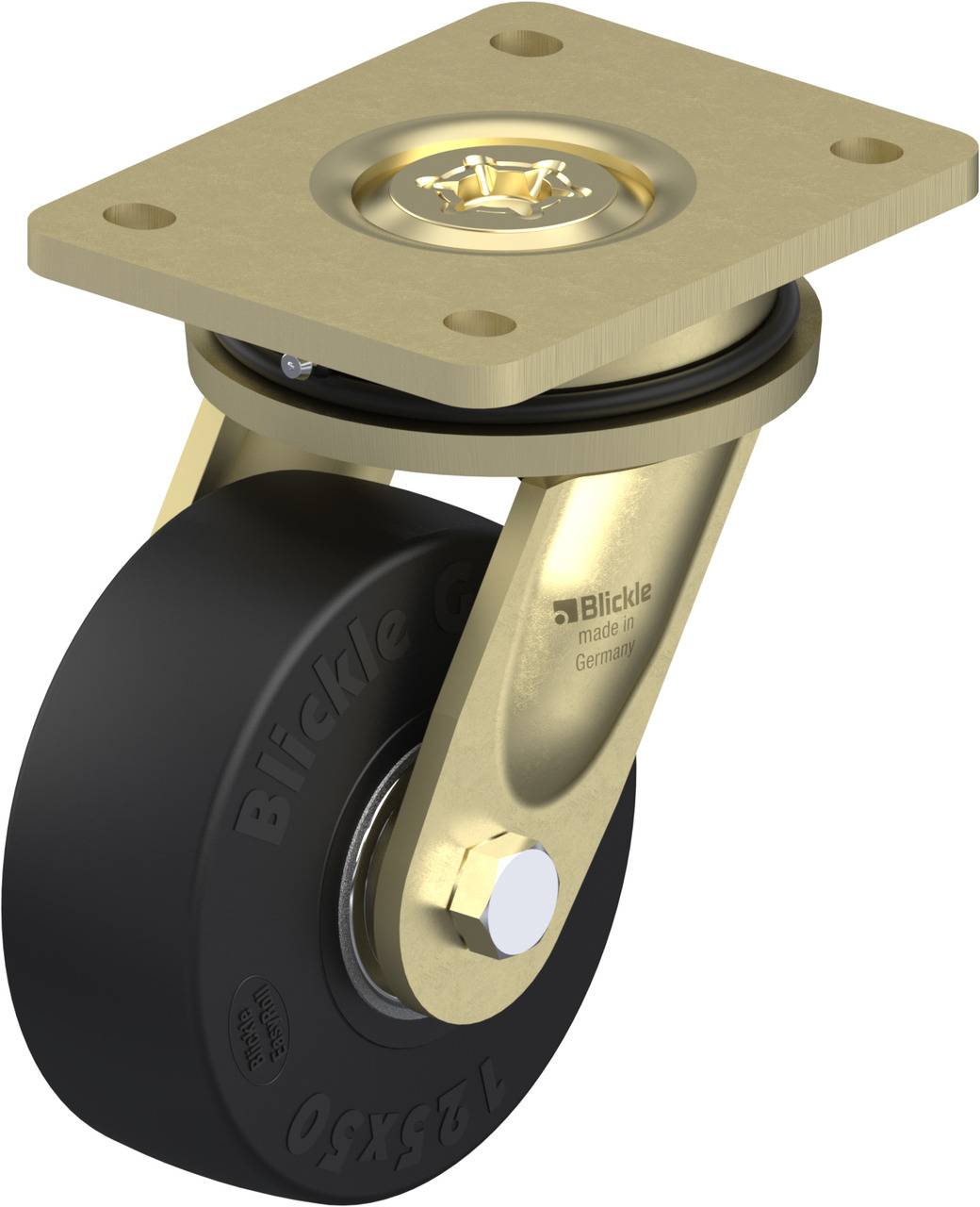 Schwenkrolle mit schwarzem Rad und goldener Aufhängung, Trägerplatte oben; hergestellt von 'Blickle', 'made in Germany'.