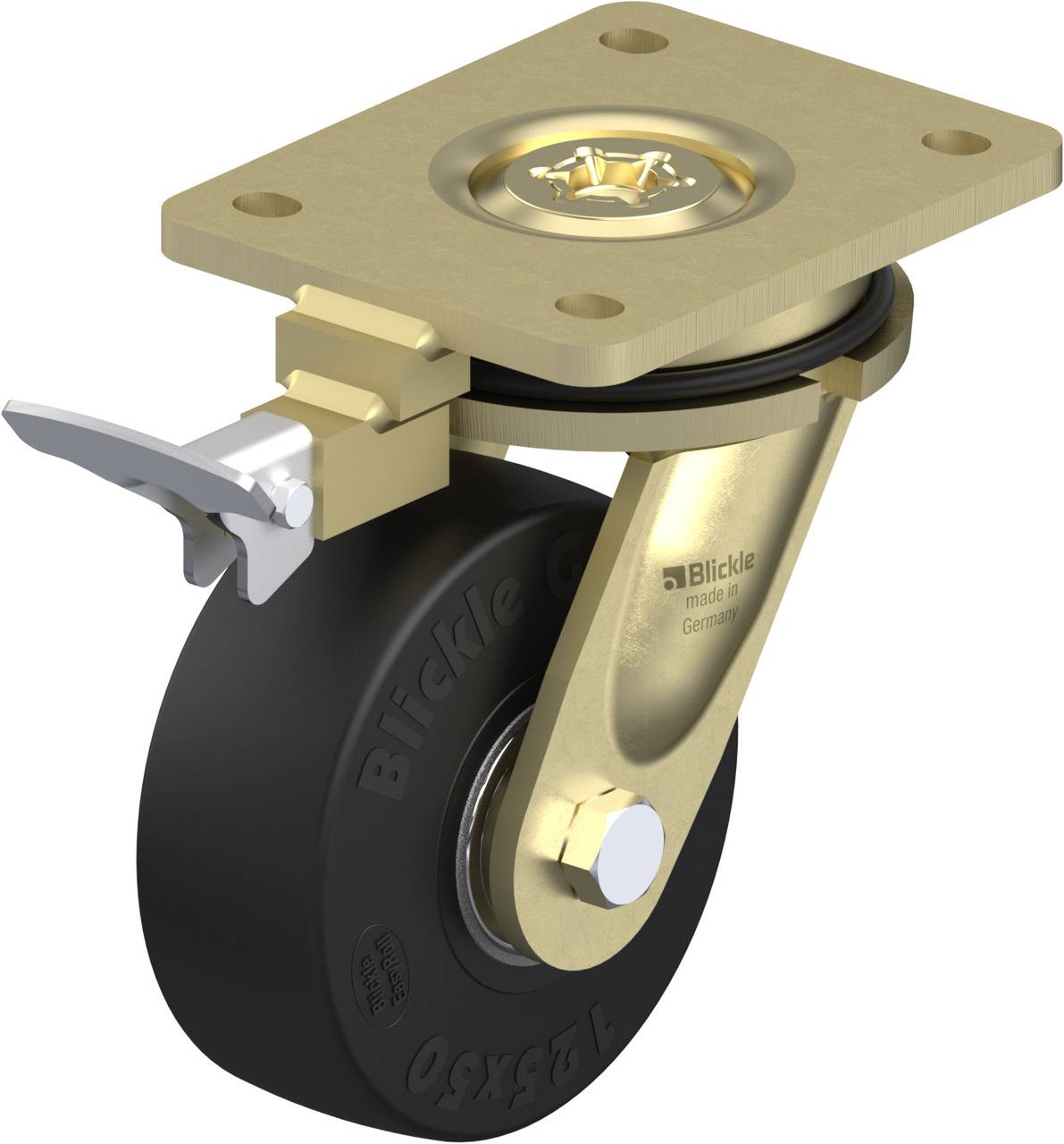 Schwenkrolle mit schwarzem Rad und goldener Halterung. Es ist ein Befestigungsteil für Möbel oder Geräte zum leichten Bewegen.