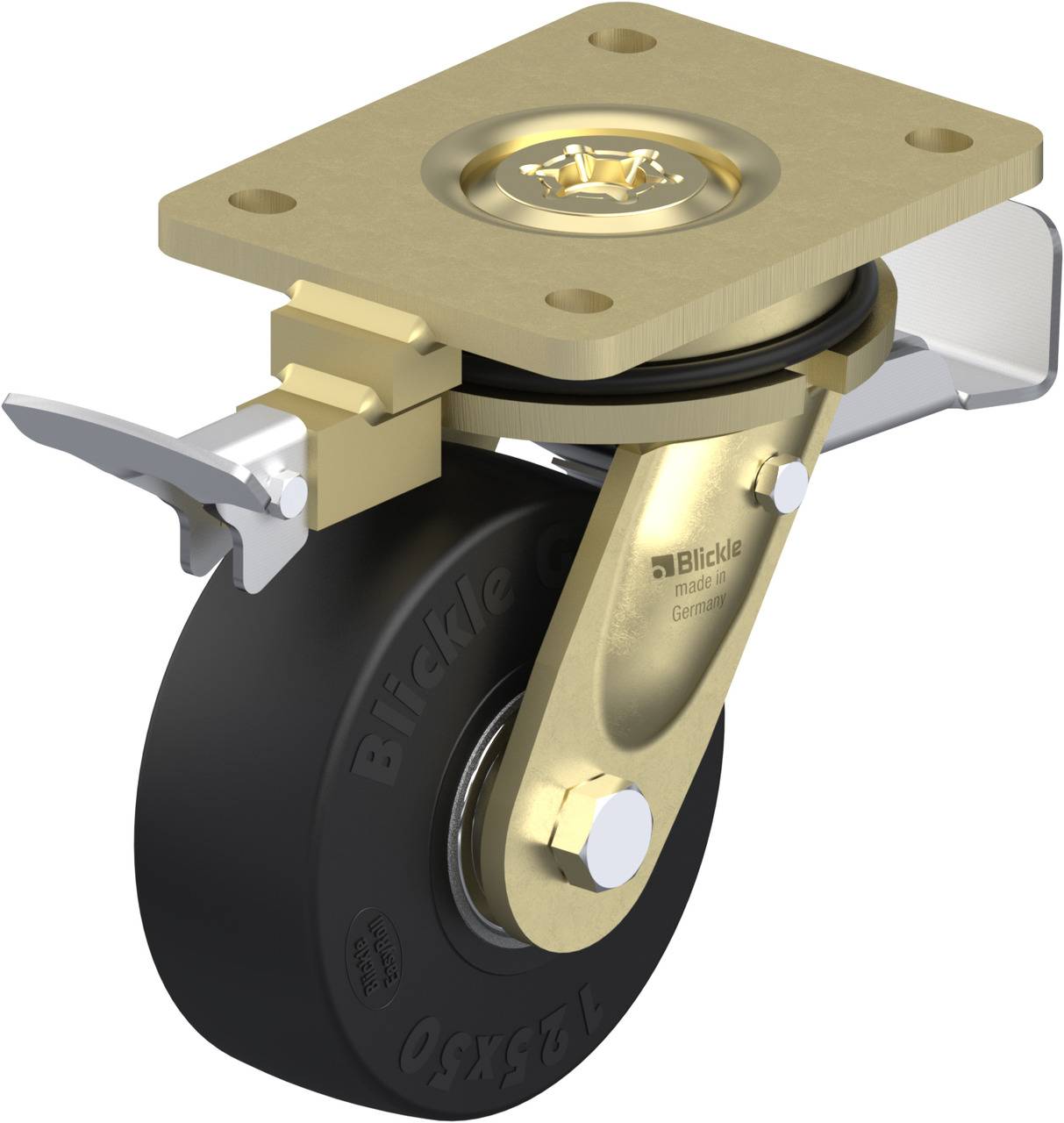 Eine drehbare Lenkrolle mit schwarzem Rad und goldener Halterung, ausgestattet mit einem Feststeller für eine stabile Positionierung.