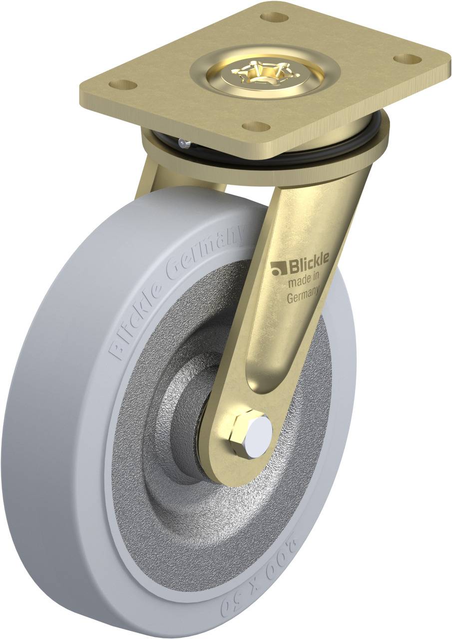 Rolle mit grauem Rad und Befestigungsplatte aus Metall, geeignet für Möbel oder Geräte. Aufschrift 'Blickle made in Germany'.