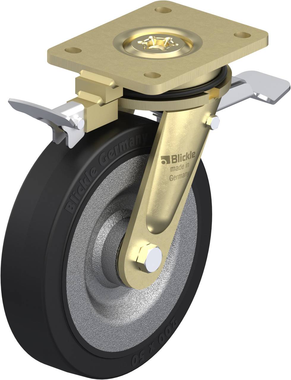 Schwenkrolle mit Bremse, goldfarbenes Gehäuse, schwarzes Rad, Aufdruck 'Made in Germany'. Rad aus Gummi, Metallplatte zur Befestigung.