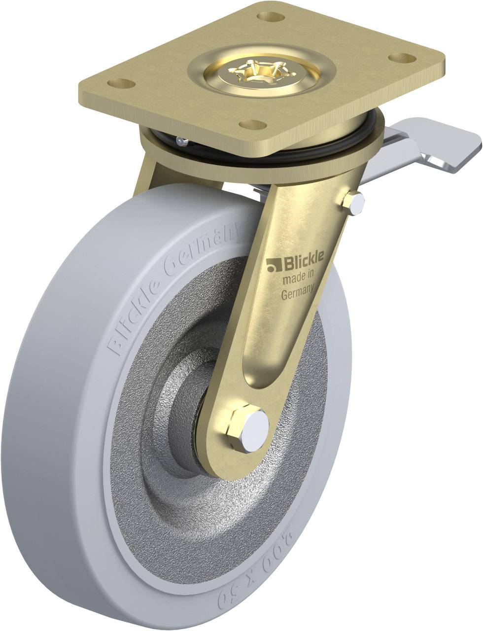 Industrie-Rolle mit grauem Rad auf Metallhalterung, Beschriftung 'Blickle' und 'made in Germany', geeignet für schwere Lasten.