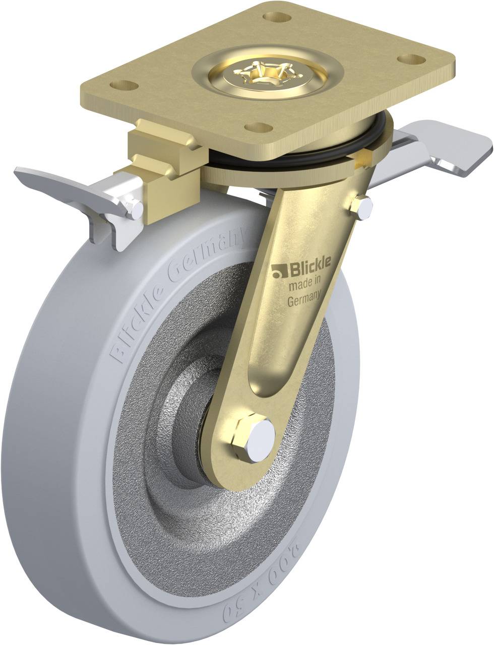 Industrieweil mit grauem Gummi, goldfarbenem Metallarm und quadratischer Befestigungsplatte. Hat eine Bremse und eine 'Blickle' Prägung.